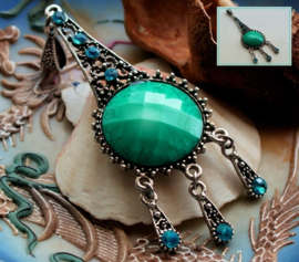 Long Pendant in Antique Silver tone & Turquoise - 92 mm