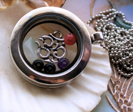 Memory Locket + Ball Chain Necklace. With Content: Ohm + Gemstones