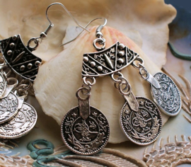 A pair of dangling Gipsy Earrings with Coins  - 61 mm - Antique Silver Tone