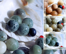 1 Prayer-Bead: Carved Bodhi-Seed - Mantra - Round - 12 mm - Various shades