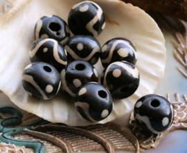 set/5 Batik Bone Beads - Round/Flat - approx 12x9 mm - Black + Off White