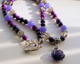 C&G Gemstone Necklace: Amethyst Quartz Rose - Purple & Violet Jade - Czech Glass