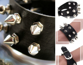 Metal Punk Rock Goth Armband:  Imitatie Leer met 2-rij Studs - Zwart + Antiek Zilver Kleur