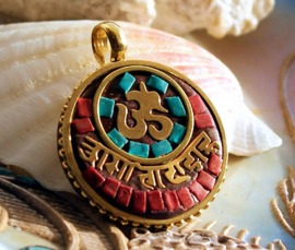 1 Pendant from Nepal: Ohm Symbol/Mantra - 36 mm - Turquoise/Coral and Brass