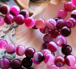 set/8 beads: Stripe Agate - Round - 6 mm - Burgundy Pink & White