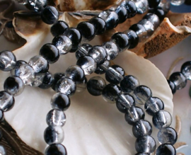 set/20 beads: Crackle Glass - Round - 6 mm - Black + Transparant