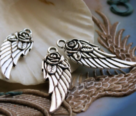 1 Charm: Angel or Fairy Wing with Rose - 31 mm - Antique Silver Tone