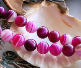 set/7 beads: Stripe Agate - Round - 8,4 mm - Cyclame Pink & White