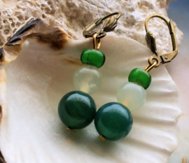 C&G Gemstone Earrings: Antique White Heart Tradebeads & Jade + Agate- Green