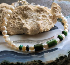 C&G Pearl Bracelet: real Freshwater Pearls with Chrysocolla - 21 cm