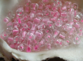 set/100 beads: Spacer Glass - appr 4x3 mm - Transparant and Pink