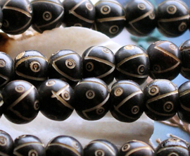 BONE:  set/4 Prayer Beads - Tibet - Round - 10x8 mm - Black Off-White