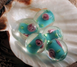 set/3 Mooie Lampwork Kralen - ROOS - Rond - 12 mm - Aqua Blauw