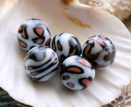 set/5 beads: Safari Africa - Leopard Print  - 12 mm - White Black Brown