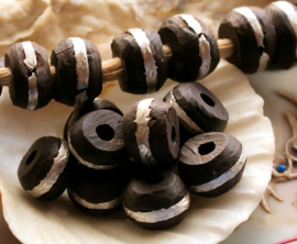 set/2 Handmade TUAREG beads: Ebony with Metal - 3 Sizes - Black Silver