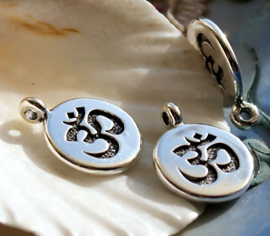 1 Double-sided Charm: Buddha - Lotus - Aum -  19x15 mm - Antique Silver tone