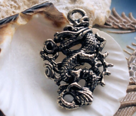 Pendant: Coiled Dragon - 41 mm - Antique Silver tone