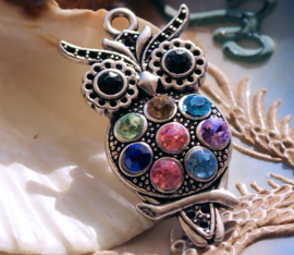 Pendant: Owl - 48x24 mm - Multi Colours + Antique Silver Tone