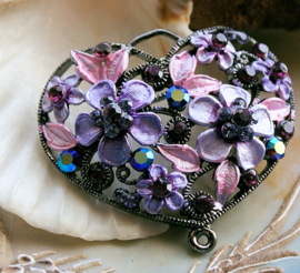 Beautiful Large Pendant: HEART wit Flowers & Crystals - Violet Purple Lilac