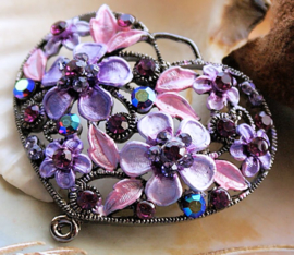 Beautiful Large Pendant: HEART wit Flowers & Crystals - Violet Purple Lilac