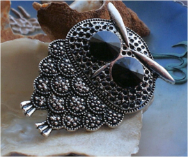 Large Pendant: Owl - 49 mm - Antique Silver tone + Black
