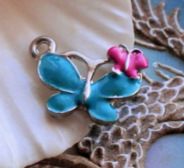 1 Enamel Charm: Butterfly -  20 mm - Blue Pink