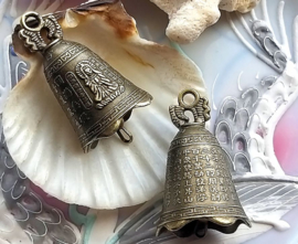 1 Pendant: Prayer Bell with Guanyin decoration - 39/45 mm - Antique Brass/Bronze Tone