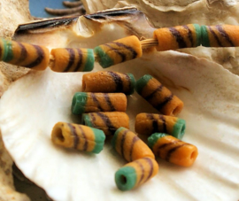 set/10 Krobo TRADE BEADS from Ghana - Glass - 10x4,5 mm - Mustard/Ochre-Yellow with Brown and Petrol