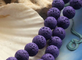 set/6 beads: waxed LAVA Stone - Round - 8,5 mm - Lilac or Purple
