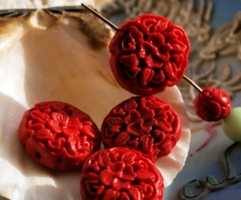 Resin Cinnabar Beads: Peony - 18 mm or Round 8 mm - Red
