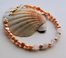 C&G Pearl Bracelet: real Freshwater Pearls with Rose Quartz - 20 cm