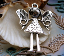 Large Pendant: Fairy Girl with Hearts - 56 mm - Antique Silver tone