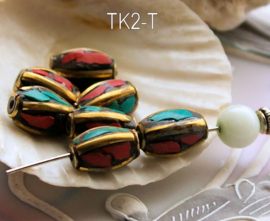 1 handmade Tibetan Bead: Brass with Turquoise & Red Coral - various options - TK2