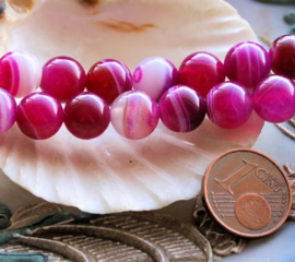 set/7 kralen:  echt Stripe Agaat - Rond - 8,4 mm - Cyclaam Roze tinten & Wit