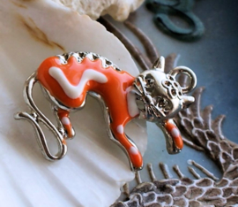 Pendant: Cat -  35x23 mm - Enamel on Metal in Orange & White