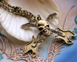 Pendant+Necklace: Skull & Guitars - Antique Brass/Bronze Tone