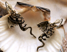 Pair of Earrings: 3D Dragon - Antique Bronze Tone - 43 mm