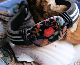 Armband: Bloemen - Echt Leer + Koord - Zwart & Multi Kleuren