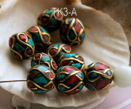 1 handmade Tibetan Bead: Brass with Turquoise & Red Coral - various options - TK3