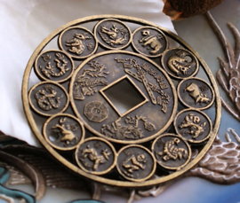 Pendant: Chinese Zodiac + Yin Yang + Dragon Phoenix - 45 mm - Antique Brass/Bronze Tone