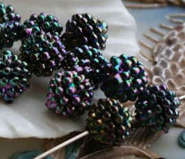 set/10 Mooie Kralen: Braam - Berry - 10 mm - Pauw-Zwart Iriserend Opaque