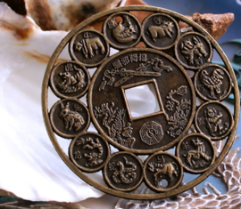 Pendant: Chinese Zodiac + Yin Yang + Dragon Phoenix - 45 mm - Antique Brass/Bronze Tone