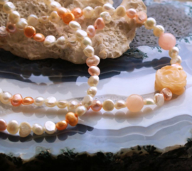 C&G Pearl Necklace: real Freshwater Pearls with Jade Beads and Rose
