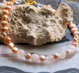 C&G Pearl Bracelet: real Freshwater Pearls with Rose Quartz - 20 cm