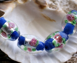 1 Lampwork Silverfoil bead - ROSE - Tabular - 16x11 mm - Blue Silver Pink