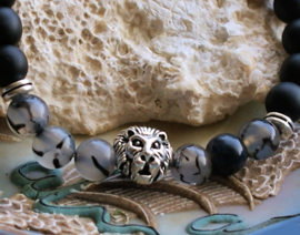 Dames/Heren Armband: Leeuw met Zwart Agaat & Dragon Veins Agaat - Zilver Kleur