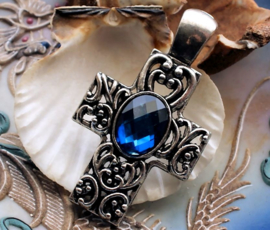 Large Pendant: Cross with Blue Crystal - 61 mm - Antique Silver Tone