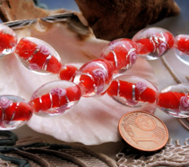 set/2 Lampwork Kralen - ROOS - Taps - 16x11 mm - Rood Zilver Roze