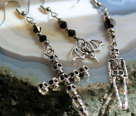 Pair of Earrings: Skeleton or Skull Cross or Bat - Silver & Black - Metal Goth