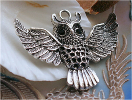 Large Pendant: Owl - 51 mm - Antique Silver tone + Black